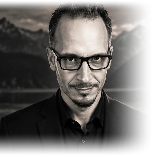 Schwarz-Weiss-Editorial-Porträt vor einer alpinen Landschaft